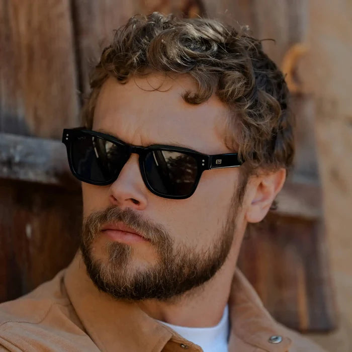Men's Geometric Rectangular Sunglasses with Black Acetate Frame and Dark Brown Polarized Lens