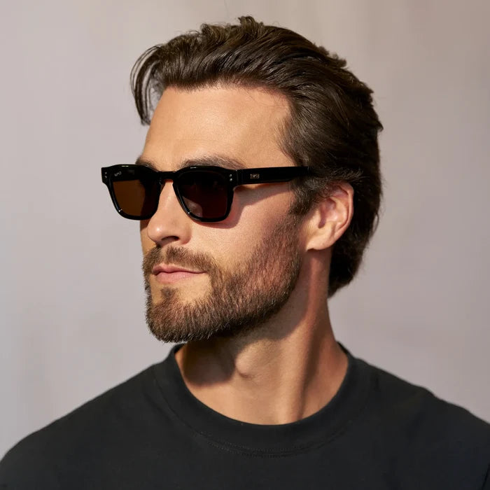 Black / Dark Brown Lens || Men's Geometric Rectangular Sunglasses with Black Acetate Frame and Dark Brown Polarized Lens