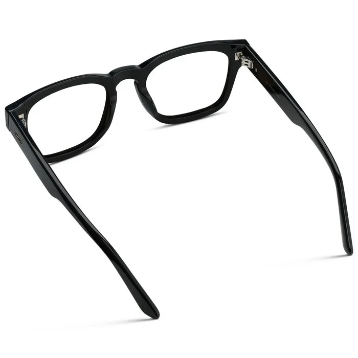 Black || Back view of Men's Geometric Rectangular Eyeglasses with Black Acetate Frame and Clear Prescription Lens on a white background