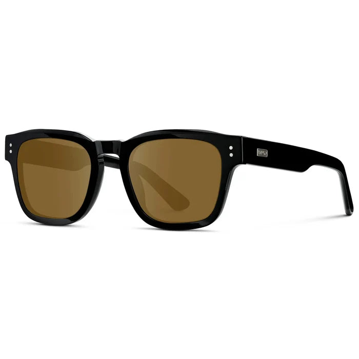Black / Amber || Side view of Men's Geometric Rectangular Prescription Sunglasses with Black Acetate Frame and Amber Prescription Lens