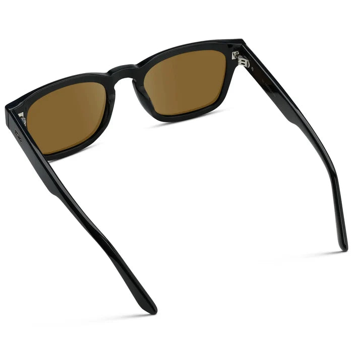 Black / Amber || Back view of Men's Geometric Rectangular Prescription Sunglasses with Black Acetate Frame and Amber Prescription Lens