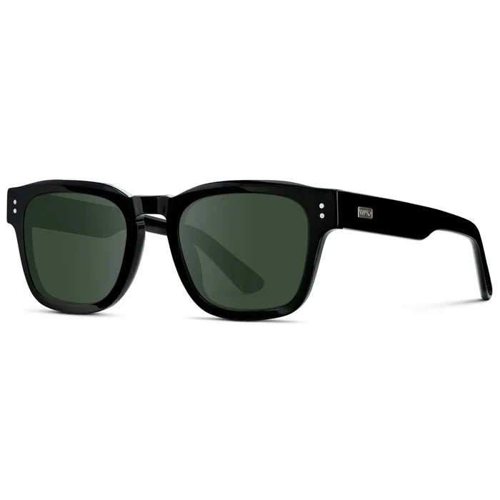 Black / G15 || Side view of Men's Geometric Rectangular Prescription Sunglasses with Black Acetate Frame and Green Prescription Lens