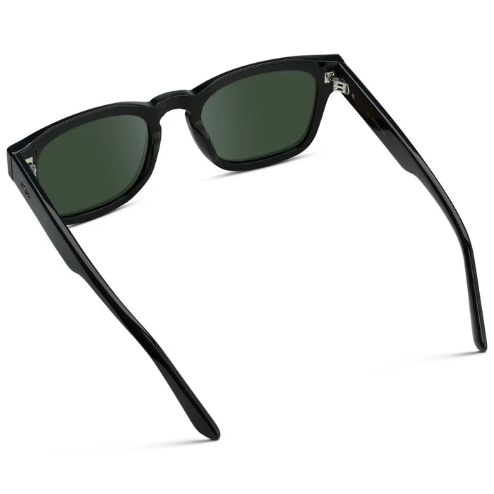 Black / G15 || Back view of Men's Geometric Rectangular Prescription Sunglasses with Black Acetate Frame and Green Prescription Lens