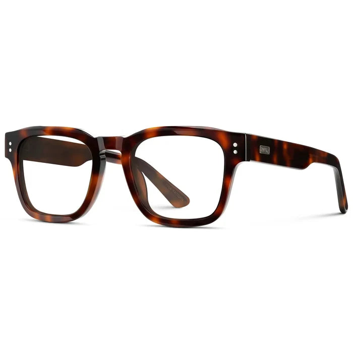 Havana Tortoise || Side view of Men's Geometric Rectangular Eyeglasses with Havana Tortoise Acetate Frame and Clear Prescription Lens on a white background