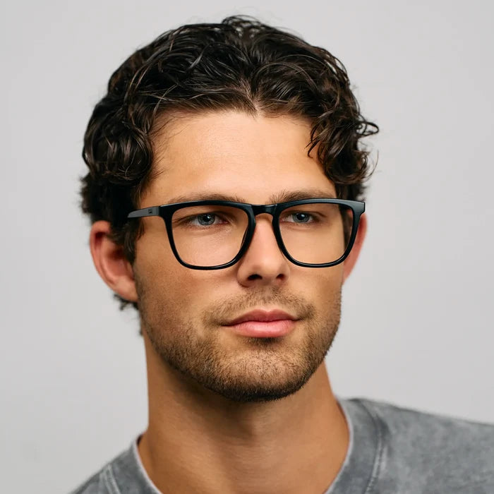 Black || Square prescription glasses with black acetate frame and keyhole bridge worn by man with curly hair indoors