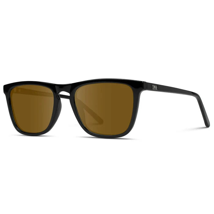 Black / Amber || Side view of Men's Square Prescription Sunglasses with Black Frame and Amber Lenses on a white background