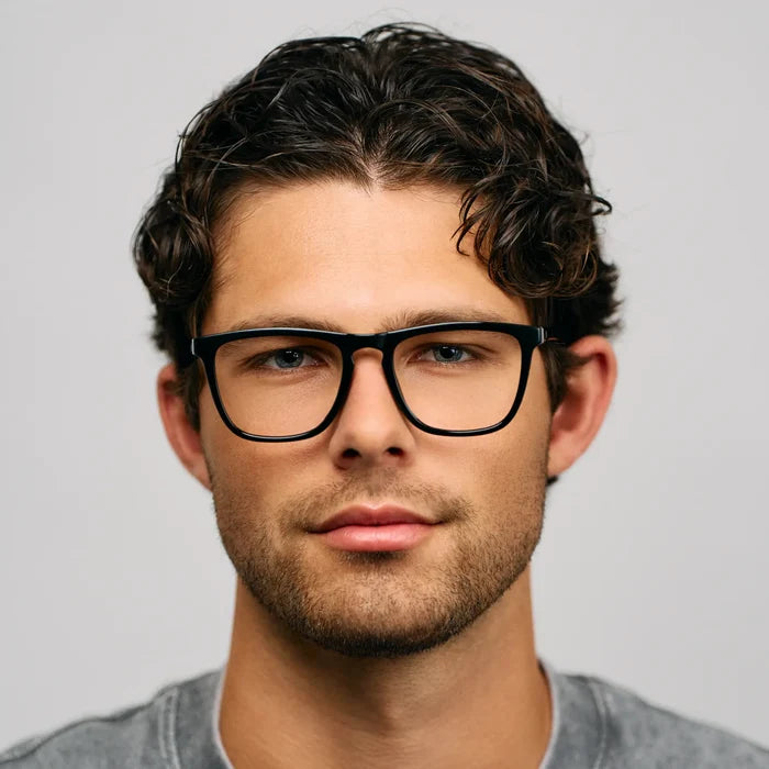 Black || Modern prescription glasses with square black acetate frame and subtle keyhole bridge worn by man indoors