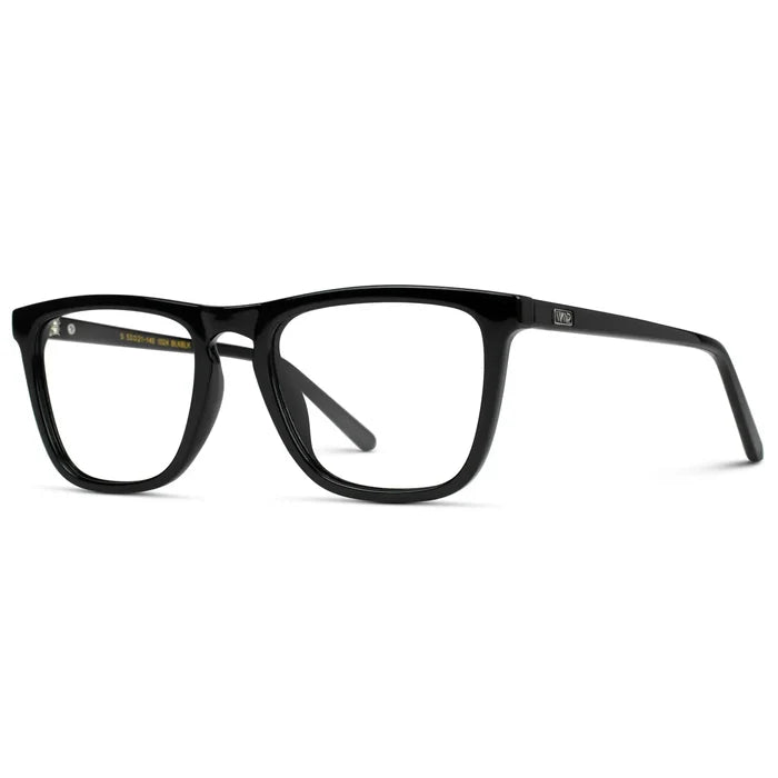 Black || Side view of Men's Square Prescription Glasses with Black Frame and Clear Lenses on a white background