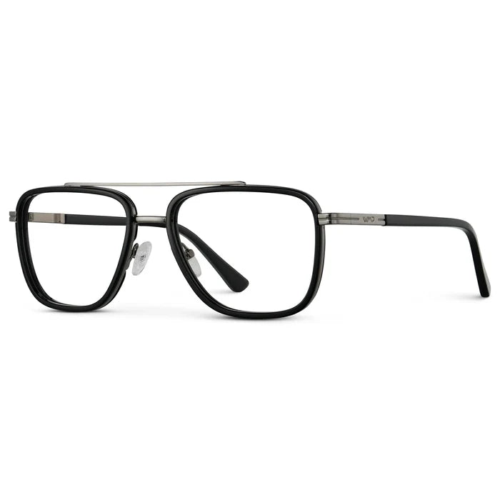 Black || Side view of Men's Metal Double Bridge Aviator Prescription Glasses with Black frame and Clear Lens on a white background