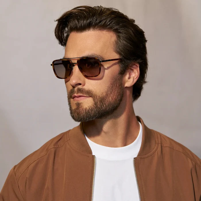 Brown Tortoise / Amber || Men's Metal Double Bridge Aviator Prescription Sunglasses with Brown Tortoise frame and Brown Lens