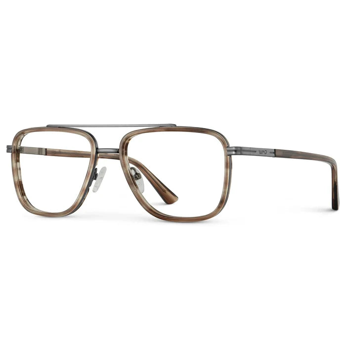 Timber Brown || Side view of Men's Metal Double Bridge Aviator Prescription Glasses with Timber Brown frame and Clear Lens on a white background