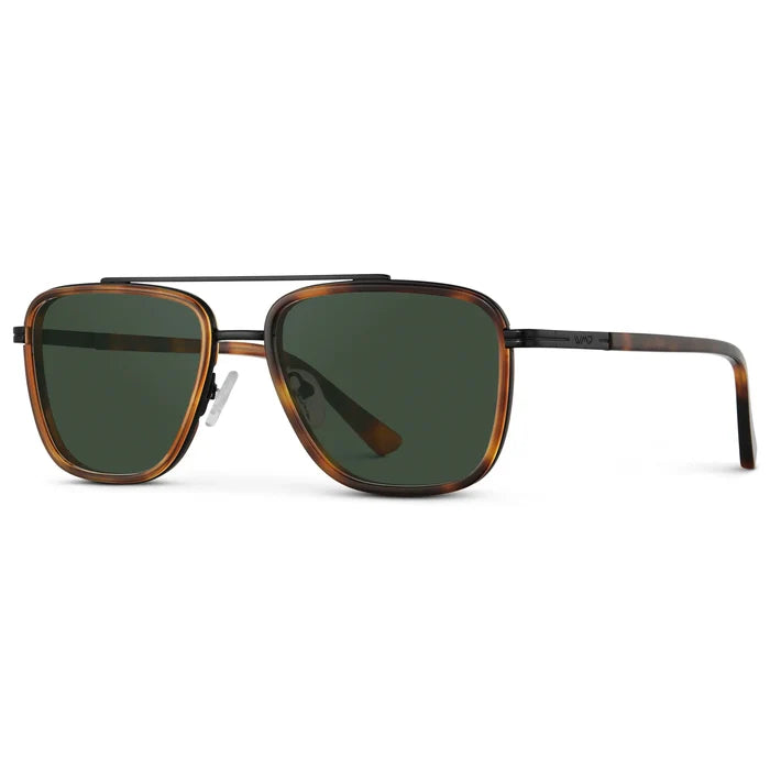Brown Tortoise / G15 || Side view of Men's Metal Double Bridge Aviator Prescription Sunglasses with Brown Tortoise frame and Green Lens on a white background