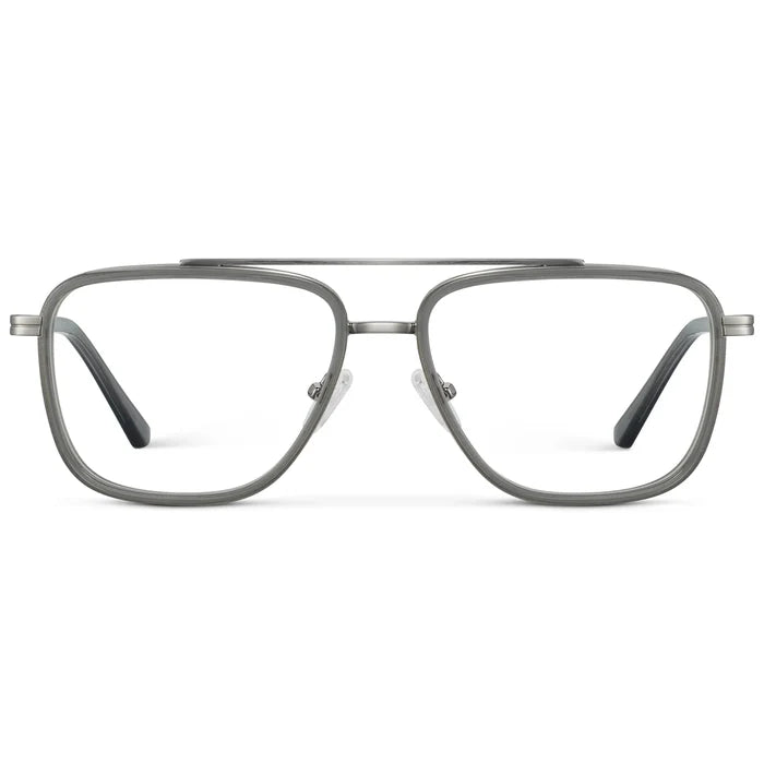 Smoke Grey || Men's Metal Double Bridge Aviator Prescription Glasses with Smoke Grey frame and Clear Lens on a white background