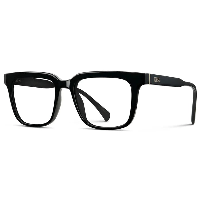 Black || Side view of Men's Thick Square Eyeglasses with Black Acetate Frame and Clear Prescription Lens on a white background