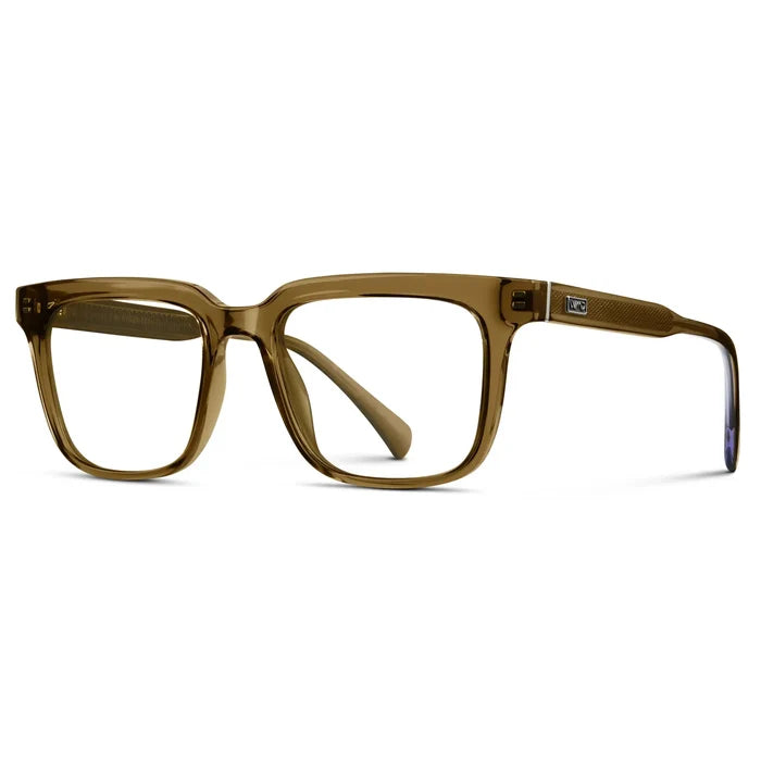 Crystal Verde || Side view of Men's Thick Square Eyeglasses with Crystal Verde Acetate Frame and Clear Prescription Lens on a white background
