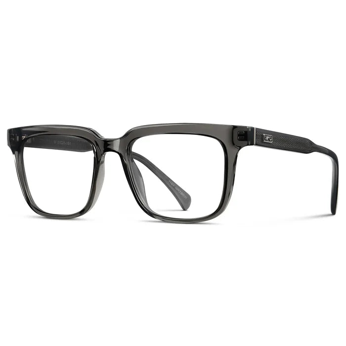 Smoke Grey || Side view of Men's Thick Square Eyeglasses with Smoke Grey Acetate Frame and Clear Prescription Lens on a white background