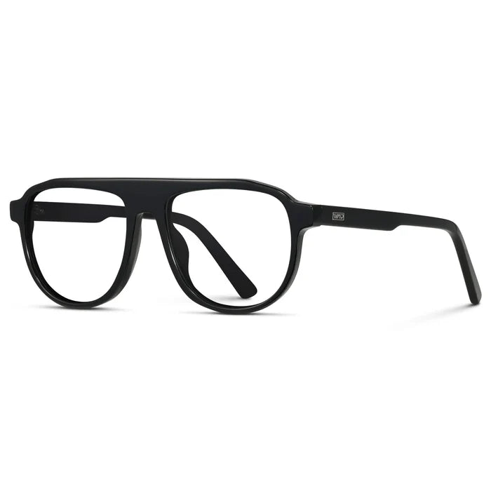 Glossy Black || Side view of Men's Aviator Prescription Eyeglasses with Black Frame and Clear Lenses on a white background