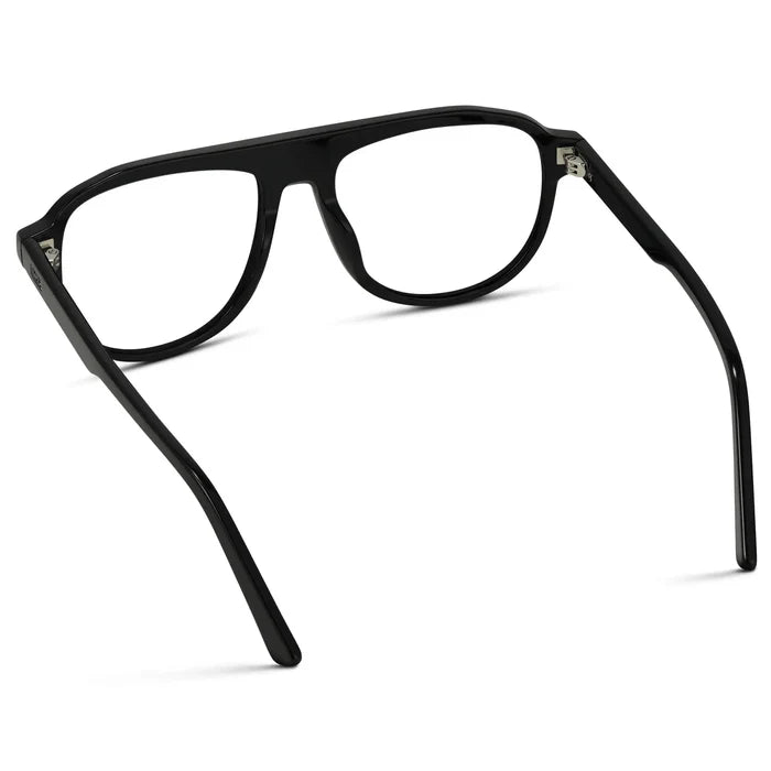 Glossy Black || Back view of Men's Aviator Prescription Eyeglasses with Black Frame and Clear Lenses on a white background