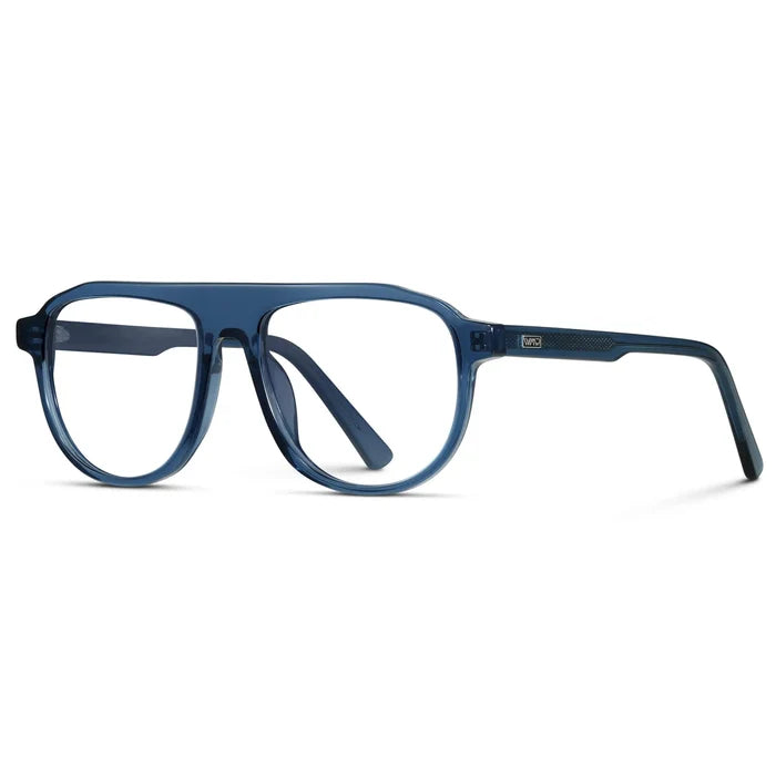 Crystal Cobalt || Side view of Men's Aviator Prescription Eyeglasses with Crystal Cobalt Frame and Clear Lenses on a white background