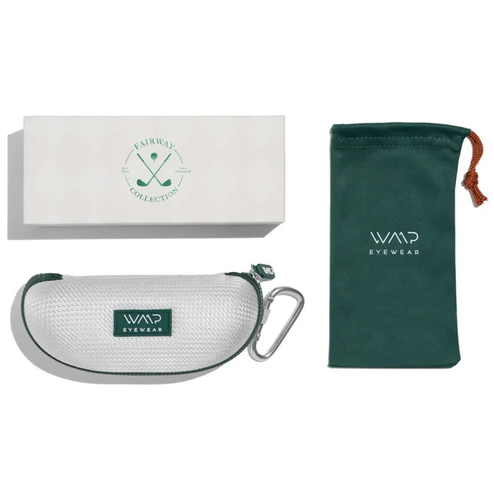 Black / Amber || golf packaging with white box, white hard shell green zipper case and green microfiber pouch