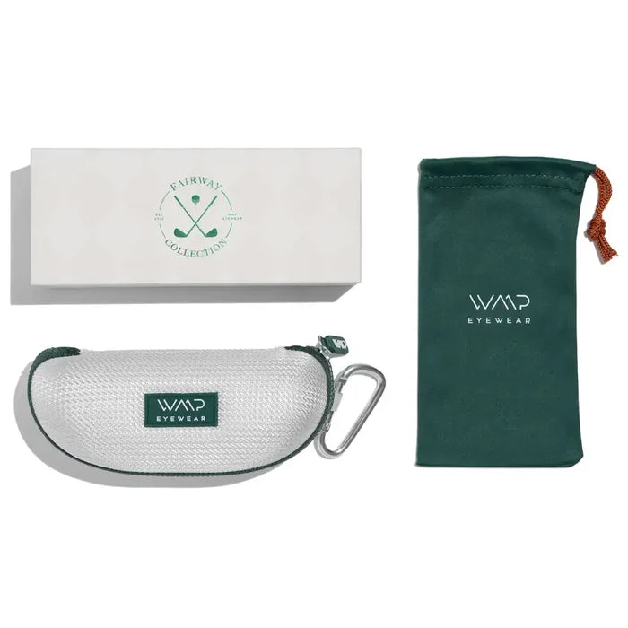 Black || Golf packaging with white box, white hard shell case with green zipper and green microfiber pouch